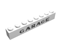 Brick 1 x 8 with Black 'GARAGE' Sans-Serif Thick Pattern, Plain 'G'