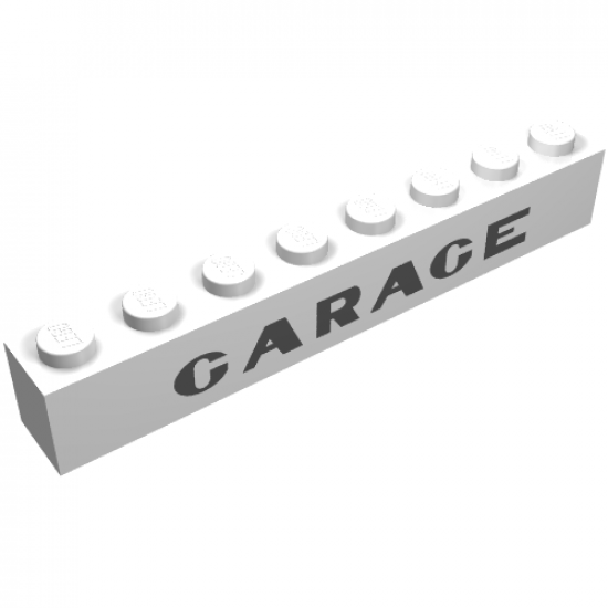 Brick 1 x 8 with Black 'GARAGE' Sans-Serif Thick Pattern, Plain 'G'