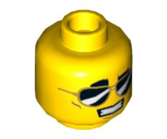 Minifigure, Head Dual Sided Thick Black Eyebrows, Black Sunglasses, Smile with Teeth / White Pupils, Closed Mouth Pattern - Hollow Stud