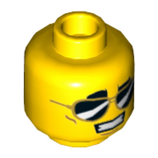 Minifigure, Head Dual Sided Thick Black Eyebrows, Black Sunglasses, Smile with Teeth / White Pupils, Closed Mouth Pattern - Hollow Stud