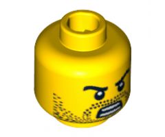 Minifigure, Head Beard Stubble, Black Angry Eyebrows with Open Mouth with Teeth Pattern - Hollow Stud