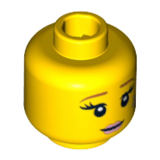 Minifigure, Head Female with Brown Eyebrows, Eyelashes, Pink Lips and White Flower Pattern - Hollow Stud