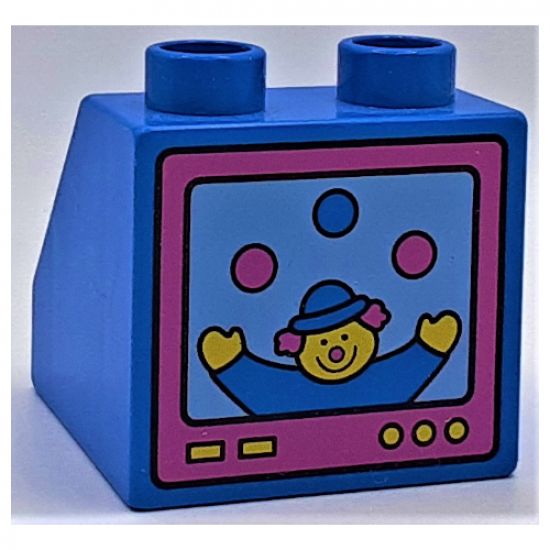 Duplo, Brick 2 x 2 x 1 1/2 Slope 45 with Television Clown Pattern