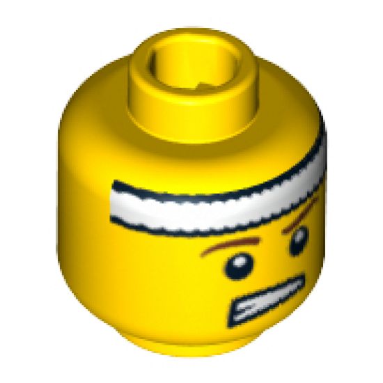 Minifigure, Head Male Headband White, Brown Eyebrows, Teeth Clenched Pattern - Hollow Stud