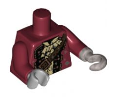 Torso Pirate Coat Ruffled Shirt, Brown Strap, Copper Buttons and Buckle Pattern / Dark Red Arms / Flat Silver Hook Left / Light Bluish Gray Hand Right