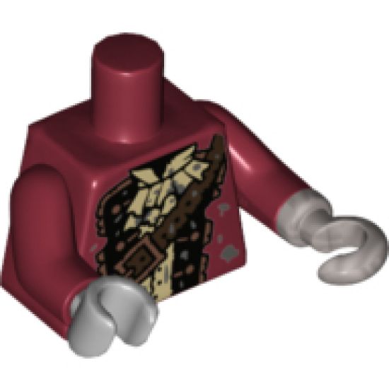 Torso Pirate Coat Ruffled Shirt, Brown Strap, Copper Buttons and Buckle Pattern / Dark Red Arms / Flat Silver Hook Left / Light Bluish Gray Hand Right