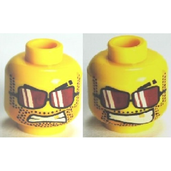 Minifigure, Head Dual Sided Red Sunglasses with White Stripes, Evil Grin / Clenched Teeth Pattern - Hollow Stud