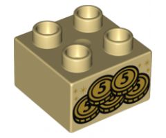 Duplo, Brick 2 x 2 with 5 Gold Coins and Stars Pattern