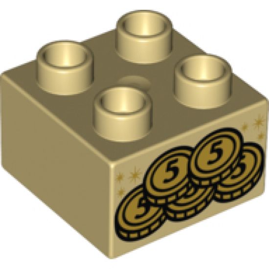Duplo, Brick 2 x 2 with 5 Gold Coins and Stars Pattern