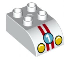 Duplo, Brick 2 x 3 with Curved Top and Headlights, Racing Stripes, and Number '1' Pattern