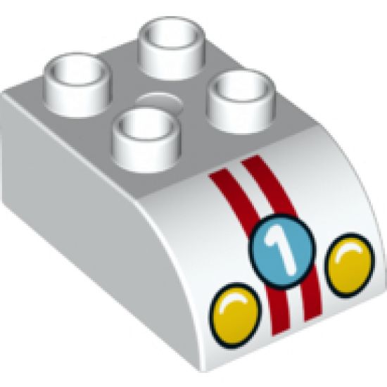 Duplo, Brick 2 x 3 with Curved Top and Headlights, Racing Stripes, and Number '1' Pattern