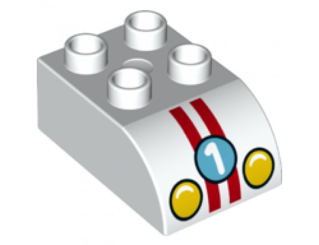 Duplo, Brick 2 x 3 with Curved Top and Headlights, Racing Stripes, and Number '1' Pattern