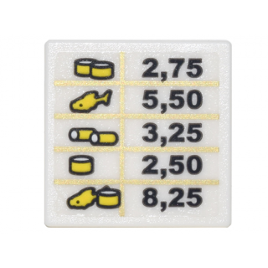 Road Sign 2 x 2 Square with Open O Clip with Price Sign with Gold Grid Lines, Sushi Rolls, Fish and Black Numbers Pattern (Sticker) - Set 70620