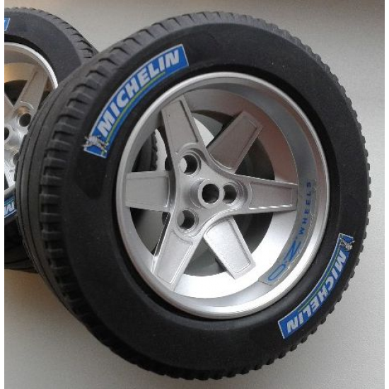 Wheel & Tire Assembly 62mm D. x 46mm Technic Racing Large with 2x 'OZ WHEELS' Pattern (Stickers), with Black Tire Technic Racing Large with 'MICHELIN' White Pattern (22969pb01 / 32296pb02) - Set 8461