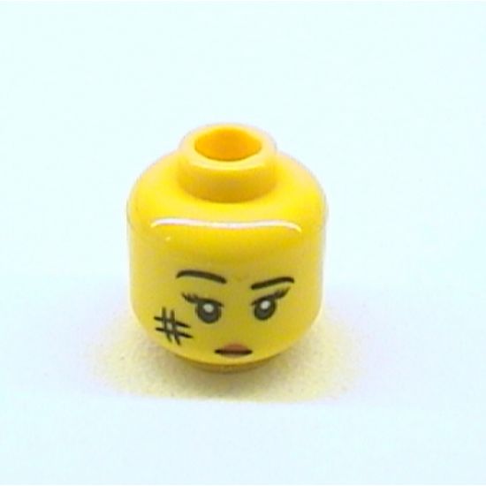 Minifigure, Head Female with Black Eyebrows, Eyelashes, White Pupils, Red Lips and Smudge on Cheek Pattern - Hollow Stud