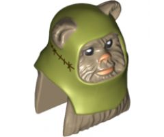 Minifigure, Head, Modified SW Ewok with Olive Green Hood Pattern