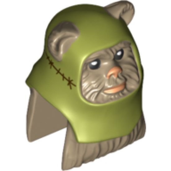 Minifigure, Head, Modified SW Ewok with Olive Green Hood Pattern