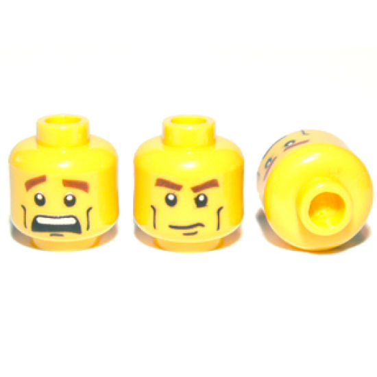 Minifigure, Head Dual Sided Brown Eyebrows, Cheek Lines, Mouth Closed / Mouth Open Scared Pattern - Hollow Stud