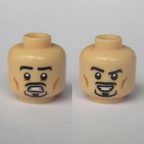 Minifigure, Head Dual Sided Black Eyebrows and Anchor Beard, Smiling / Scared Expression Pattern - Hollow Stud