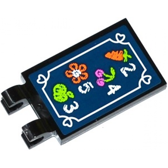 Tile, Modified 2 x 3 with 2 Clips with Carrot, Cherry, Flower, Apple and Price Numbers on Dark Blue Background Pattern (Sticker) - Set 41108