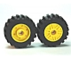 Wheel & Tire Assembly 18mm D. x 14mm with Pin Hole, Fake Bolts and Shallow Spokes with Black Tire 30.4 x 14 Offset Tread - Band Around Center of Tread (55981 / 92402)