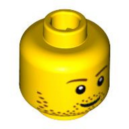 Minifigure, Head Dual Sided Stubble Smile / Crinkled Mouth and Inverted Eyebrows Pattern - Hollow Stud