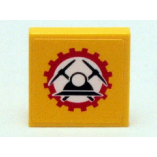 Tile 2 x 2 with Black Helmet with Crossed Pickaxes in Red Gear (Miners Logo) Pattern (Sticker) - Set 4204