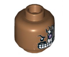 Minifigure, Head Dual Sided Alien Black Moustache, Skeleton with Lavender Eye Showing through Torn Skin Left, Angry / Scared Pattern - Hollow Stud