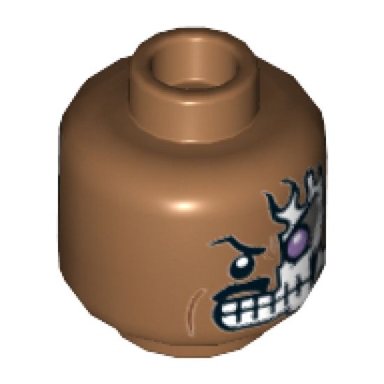 Minifigure, Head Dual Sided Alien Black Moustache, Skeleton with Lavender Eye Showing through Torn Skin Left, Angry / Scared Pattern - Hollow Stud