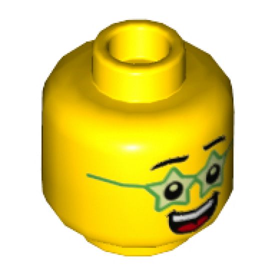 Minifigure, Head Black Eyebrows, Green Glasses Star Shaped, Large Open Mouth Smile with Teeth and Tongue Pattern - Hollow Stud