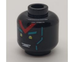 Minifigure, Head Dual Sided Alien, Yellow Eyes, Red 'V', Dark Turquoise Eyebrows, Happy / Angry with Red Splotch Face Pattern - Hollow Stud