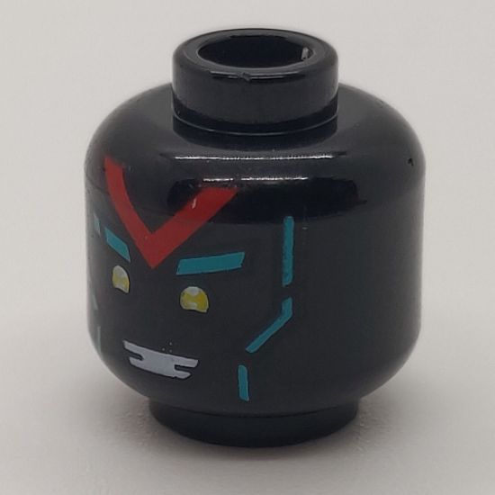 Minifigure, Head Dual Sided Alien, Yellow Eyes, Red 'V', Dark Turquoise Eyebrows, Happy / Angry with Red Splotch Face Pattern - Hollow Stud