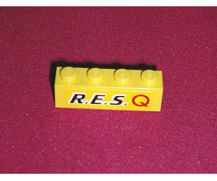 Brick 1 x 4 with Black 'R.E.S.' and Red 'Q' on Yellow Background Pattern (Sticker) - Set 6479