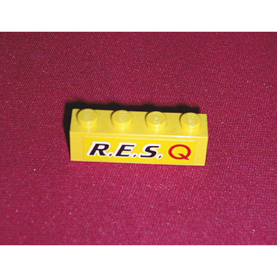 Brick 1 x 4 with Black 'R.E.S.' and Red 'Q' on Yellow Background Pattern (Sticker) - Set 6479
