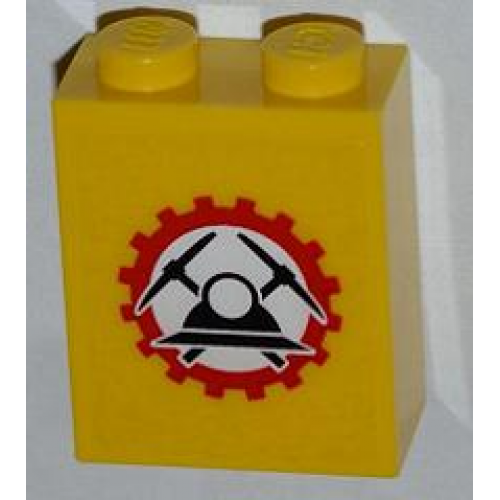Brick 1 x 2 x 2 with Inside Stud Holder with Miners Logo (Helmet with Crossed Pickaxes in Gear) on Transparent Background Pattern (Sticker) - Set 4203