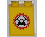 Brick 1 x 2 x 2 with Inside Stud Holder with Miners Logo (Helmet with Crossed Pickaxes in Gear) on Yellow Background Pattern (Sticker) - Set 4202