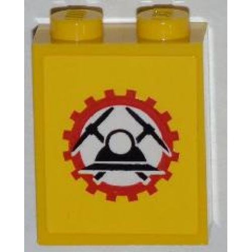Brick 1 x 2 x 2 with Inside Stud Holder with Miners Logo (Helmet with Crossed Pickaxes in Gear) on Yellow Background Pattern (Sticker) - Set 4202