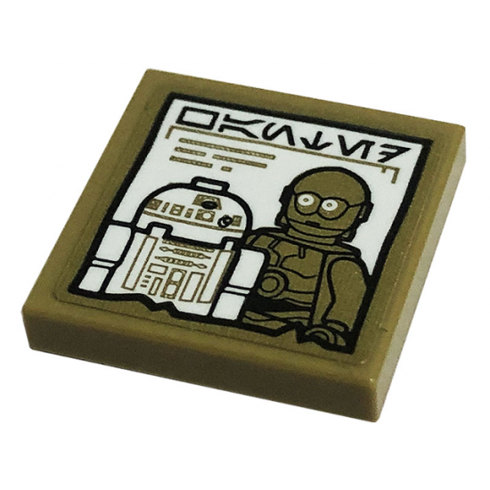 Tile 2 x 2 with White Poster with R2-D2, C-3PO, and Aurebesh Characters 'WANTED' Pattern (Sticker) - Set 75290