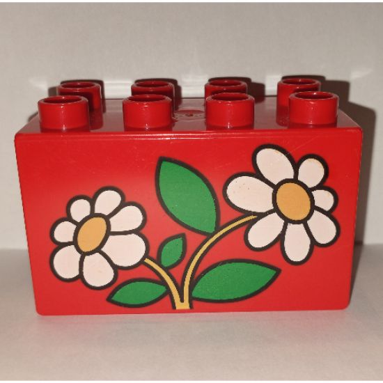 Duplo, Brick 2 x 4 x 2 with 2 Flowers White Daisies Pattern