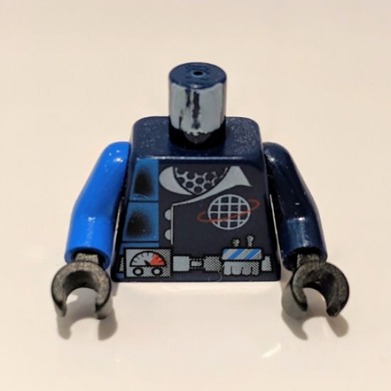 Torso Alpha Team Logo, Utility Belt w/ Gauge, Divided Blue Stripe Pattern (Set 4790) / Dark Blue Arm Left / Blue Arm Right / Black Hands