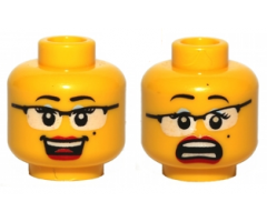 Minifigure, Head Dual Sided Female Glasses with Black Frames, Red Lips, Beauty Mark, Laughing / Scared Pattern - Blocked Open Stud