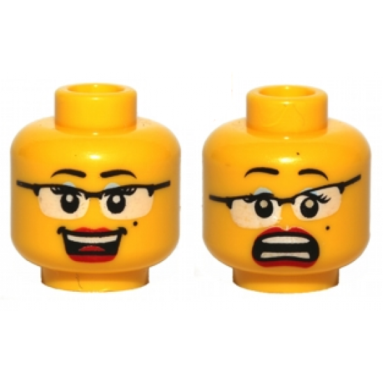 Minifigure, Head Dual Sided Female Glasses with Black Frames, Red Lips, Beauty Mark, Laughing / Scared Pattern - Blocked Open Stud