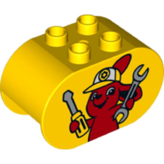 Duplo, Brick 2 x 4 x 2 Rounded Ends with Bunny / Rabbit Holding Wrench and Screwdriver Pattern
