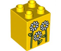 Duplo, Brick 2 x 2 x 2 with 3 Flowers White Daisies Pattern