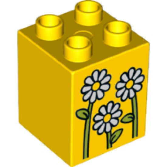Duplo, Brick 2 x 2 x 2 with 3 Flowers White Daisies Pattern