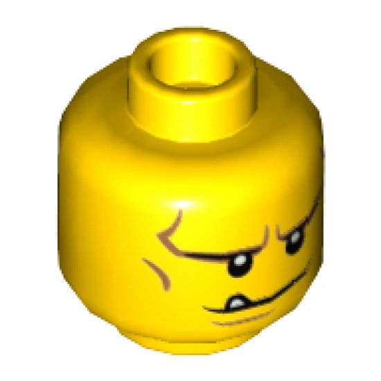 Minifigure, Head Dual Sided Black Eyebrows, White Pupils, Chin Dimple and Cheek Lines, Smile with Tooth / Frown Angry Pattern - Hollow Stud
