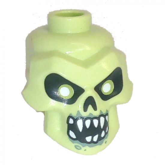 Minifigure, Head, Modified Skull with Black Eyes, Nose, Mouth, White Pupils, Teeth and Sand Green Around Mouth Pattern