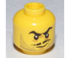 Minifigure, Head Beard Gray Stubble, Black Moustache and Angry Eyebrows, Lines under Eyes, Smirk Pattern - Hollow Stud