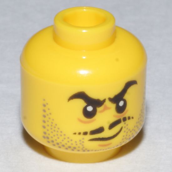 Minifigure, Head Beard Gray Stubble, Black Moustache and Angry Eyebrows, Lines under Eyes, Smirk Pattern - Hollow Stud
