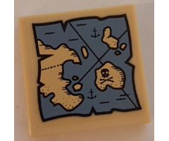 Tile 2 x 2 with Map with Blue Water, Tan Land, Anchor and Skull with Crossed Bones Pattern (Sticker) - Set 70810